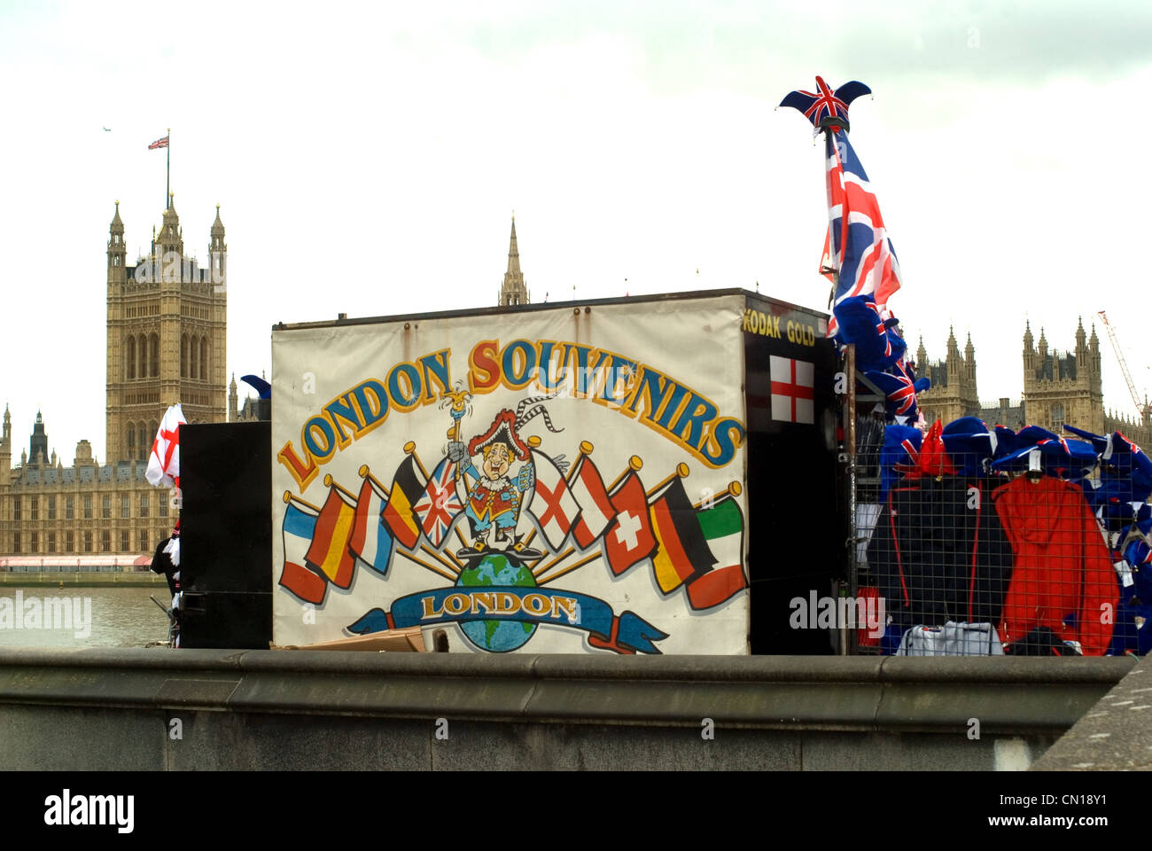 London Souvenirs on front of Houses of Parliament Stock Photo