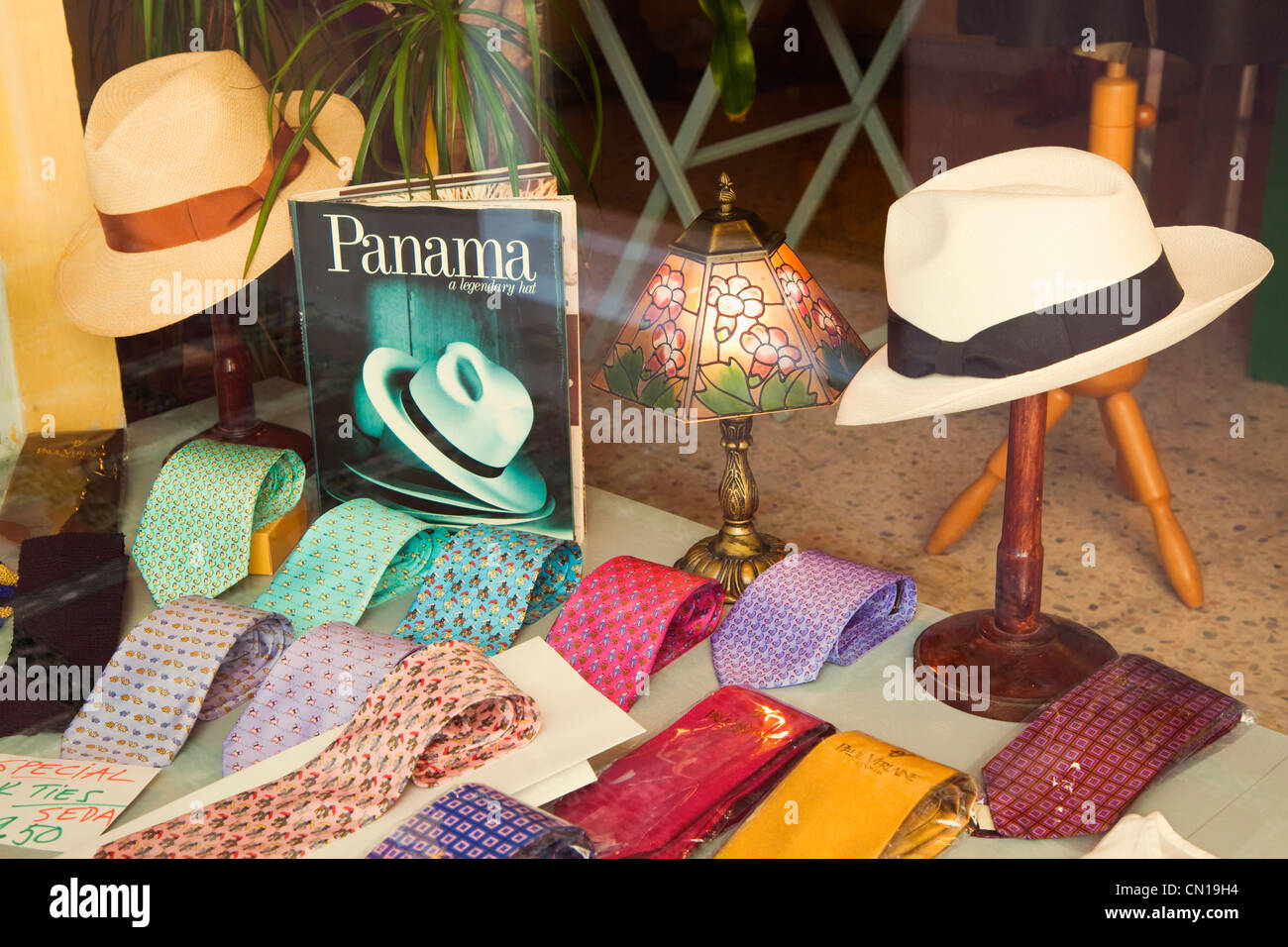 Marbella Malaga Province Costa del Sol Spain. Panama hats and silk ties in shop window Stock Photo