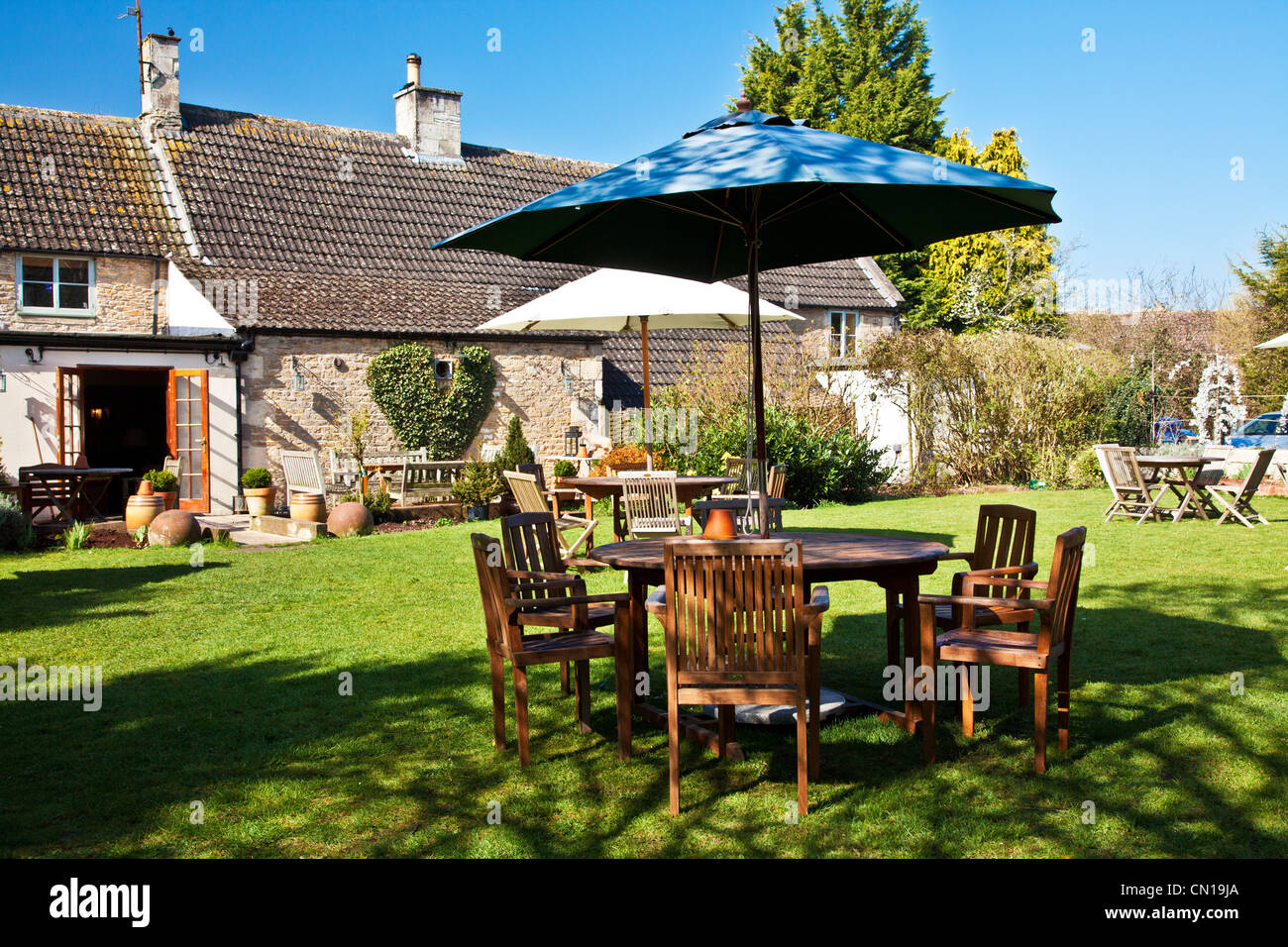 Pub garden of a typical English country village pub or inn in Wiltshire