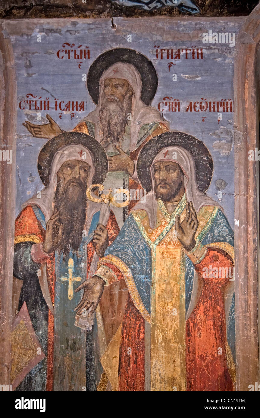RUSSIA Uglich Russian Orthodox Church of St Dimitrius on the Blood (1630) fresco depicting saints Stock Photo