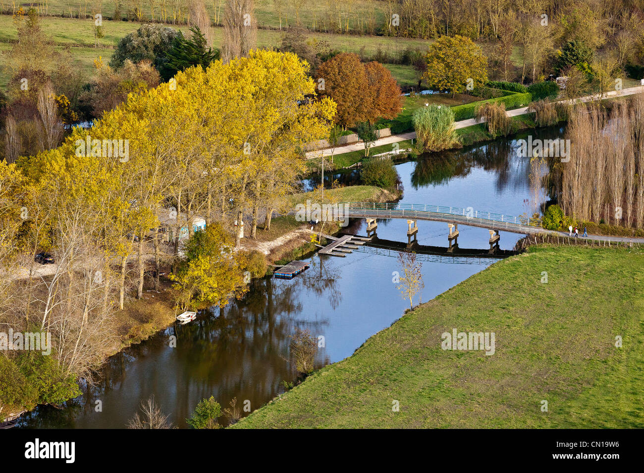 France, Charente Maritime, La Ronde, Marais Poitevin, poplars in automn near the Sevre Niortaise river (aerial view) Stock Photo