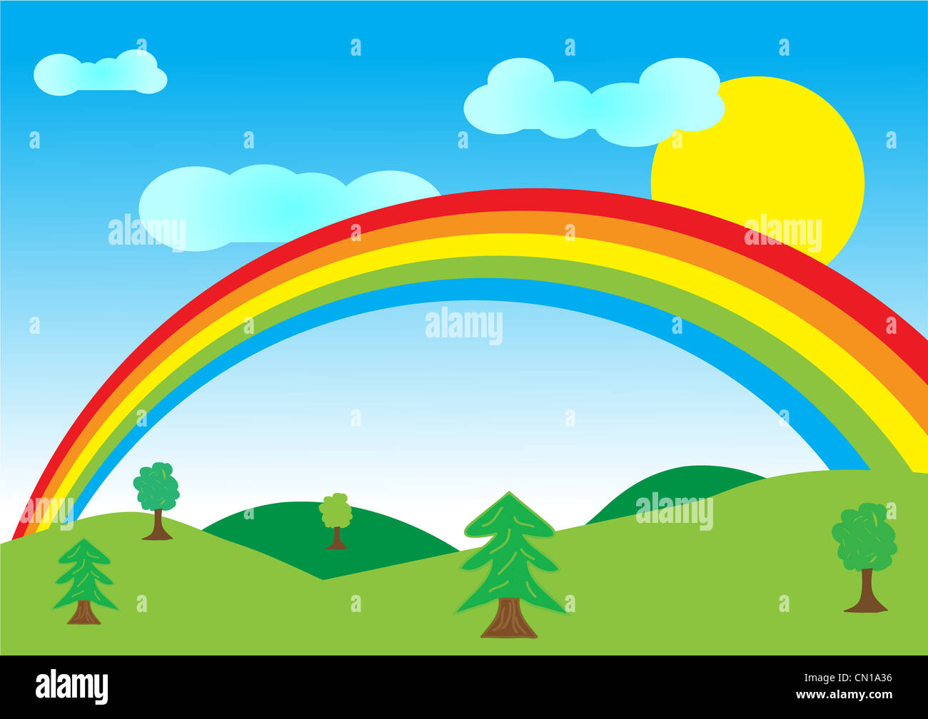 Vector illustration of summer landscape with rainbow Stock Photo - Alamy