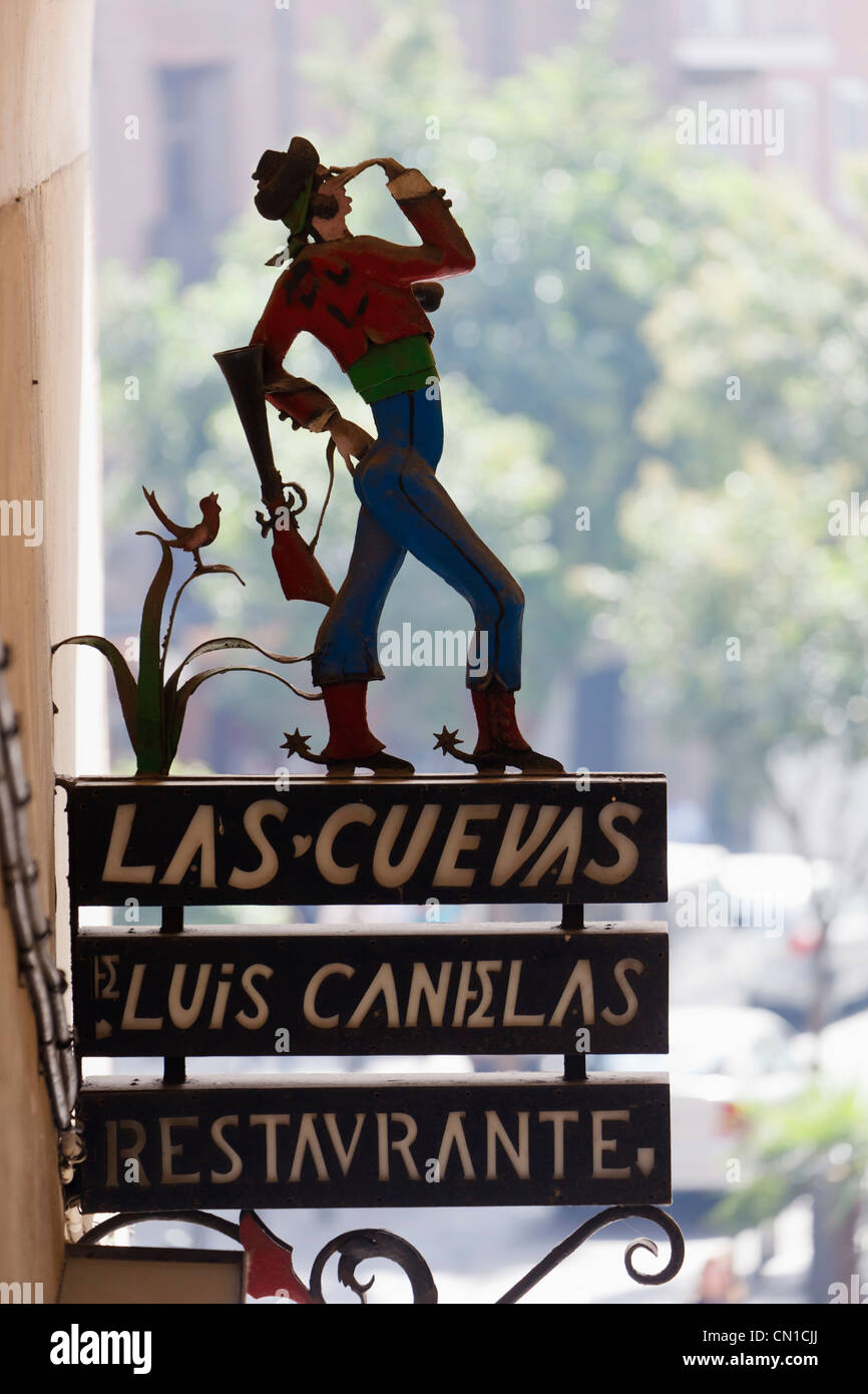 Madrid, Spain. Las Cuevas de Luis Candelas restaurant sign of the bandit Luis Candelas in the Arco de Cuchilleros, Plaza Mayor. Stock Photo