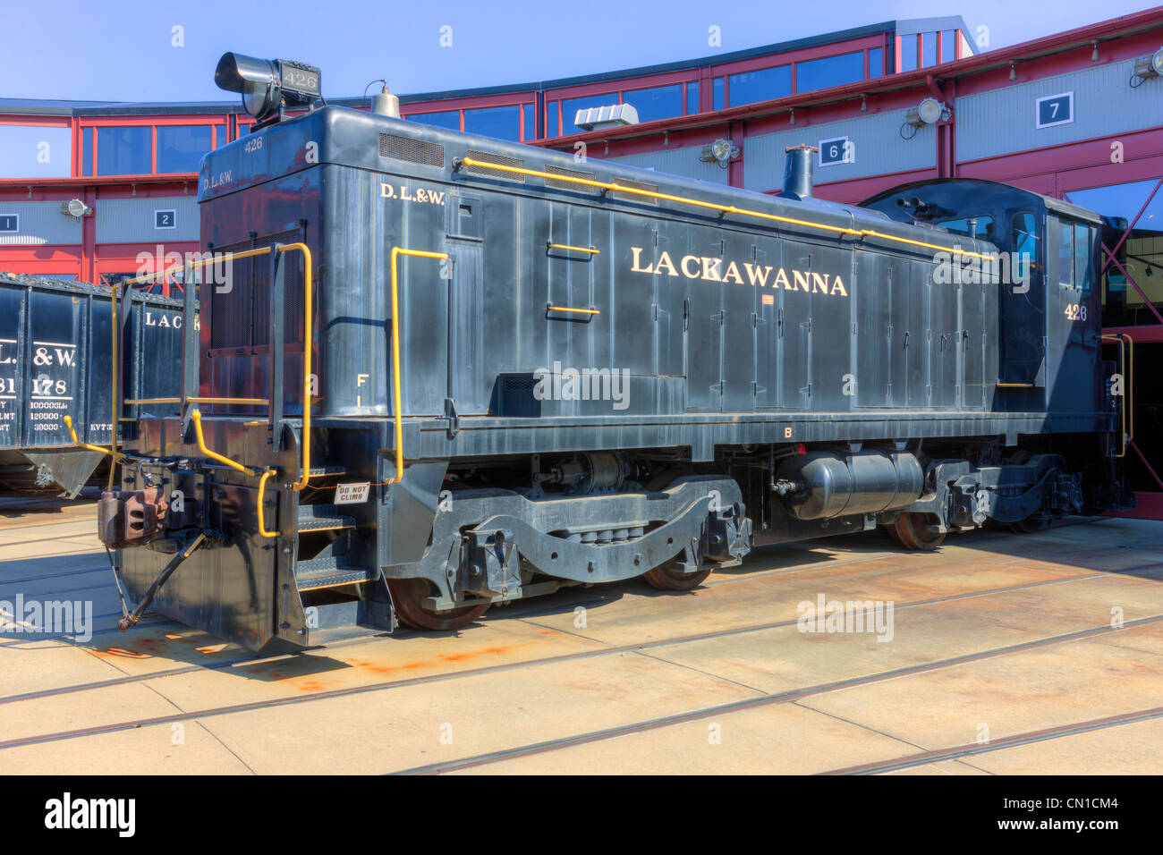 EMC SC diesel switcher in Lackawanna livery on roundhouse tracks at Steamtown National Historic Site in Scranton, Pennsylvania. Stock Photo