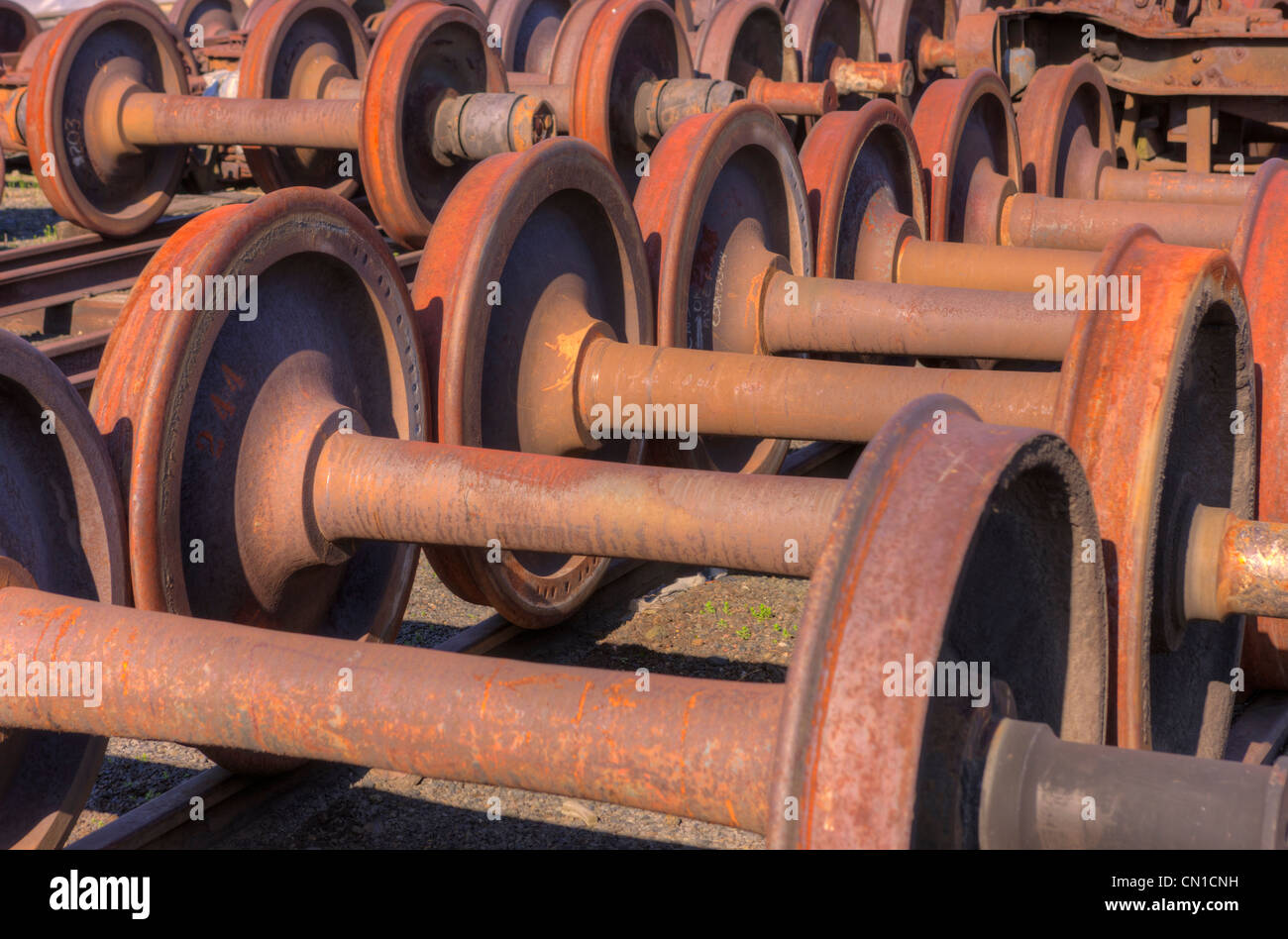 Rusted railroad car wheelsets at the Steamtown National Historic Site in Scranton, Pennsylvania. Stock Photo