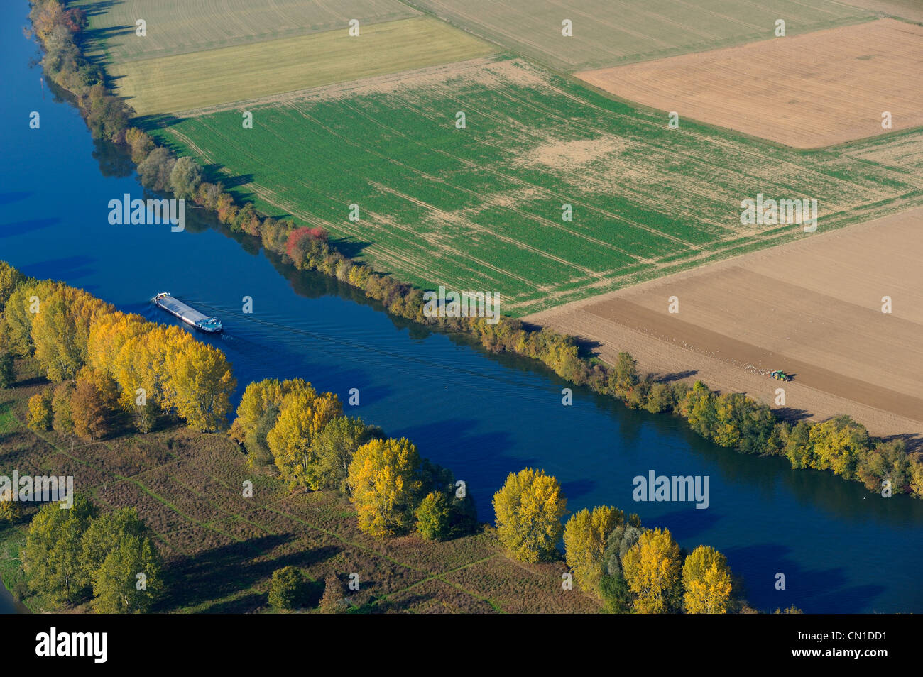France, Eure, barge on the Seine river around Heudebouville, Lormais island (aerial view) Stock Photo