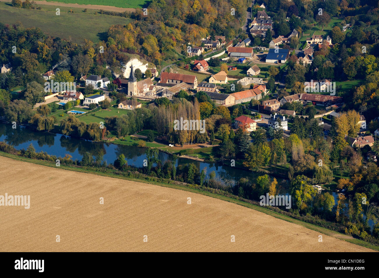 France, Eure, the Connelles village on the edge of an arm of the Seine river (aerial view) Stock Photo