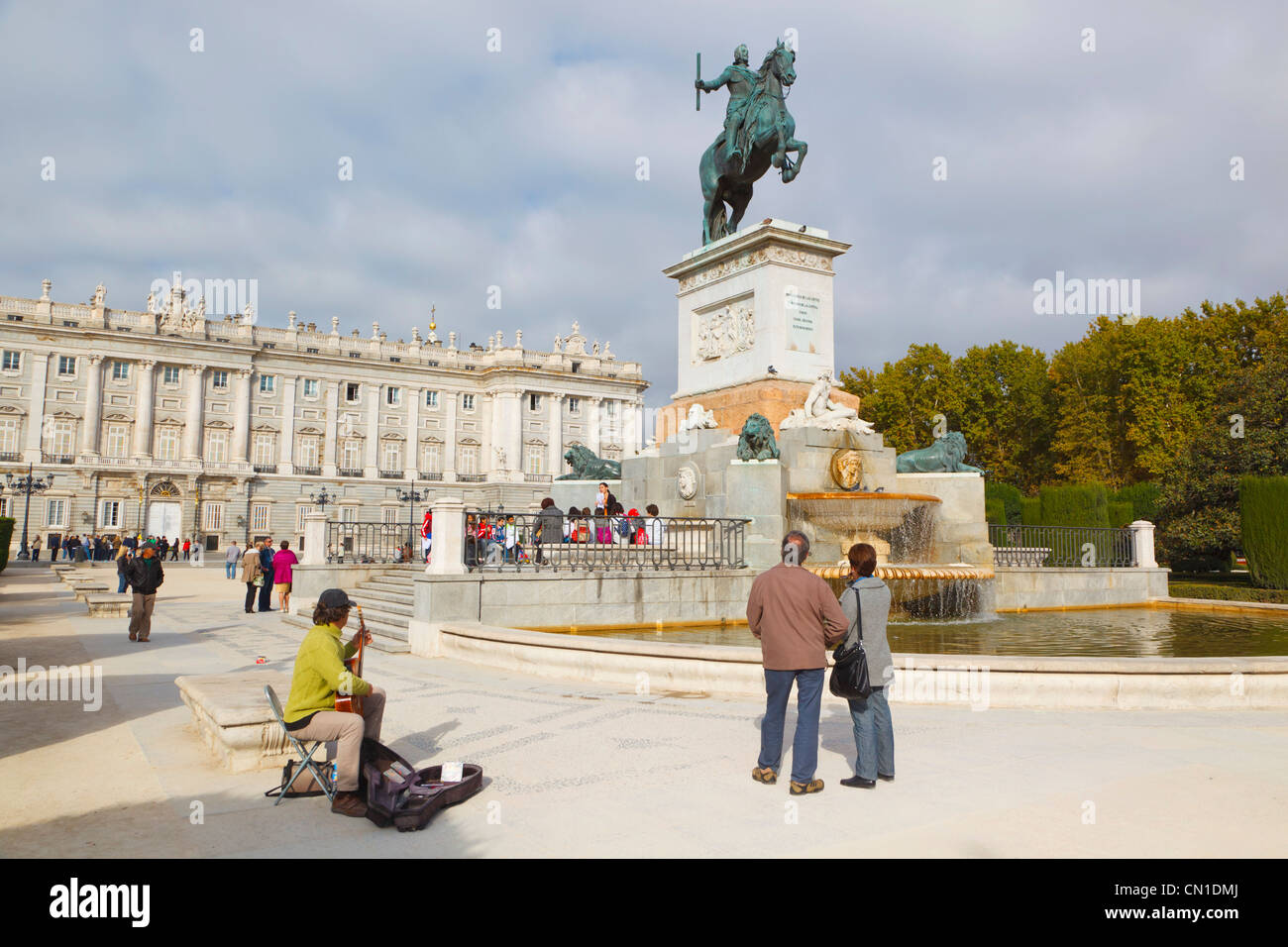 Madrid, Spain. Plaza de Oriente with Palacio Real, or Royal Palace background. Equestrian statue of Philip IV by Pietro Tacca. Stock Photo