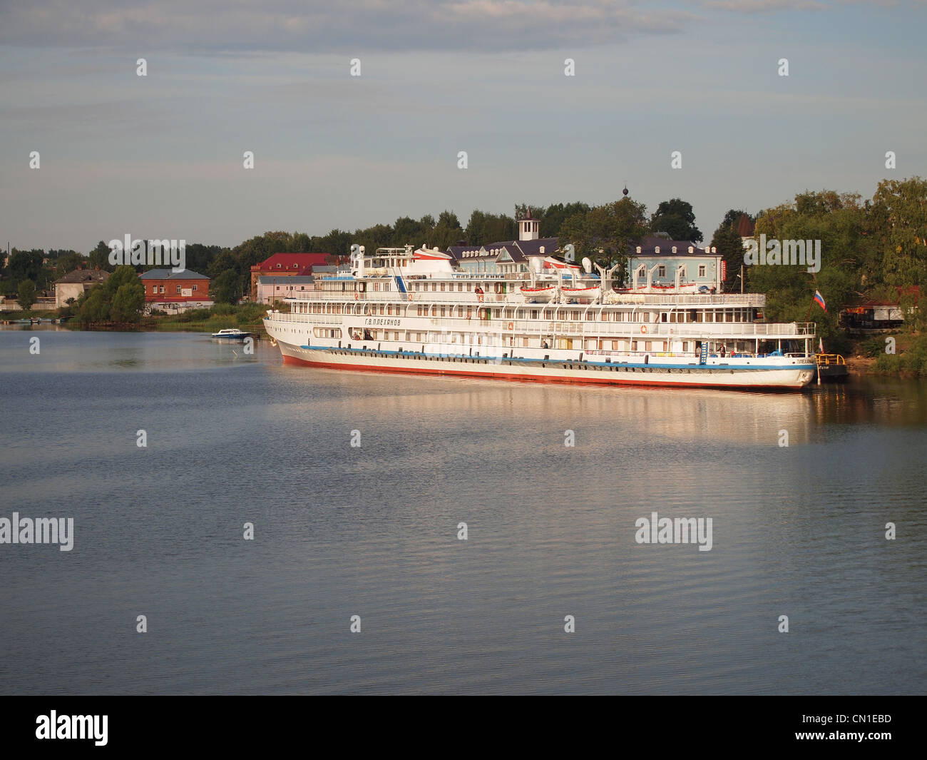 Cruise Ship at the Harbor of Myshkin, the City of Mice at the River Volga, Russia Stock Photo