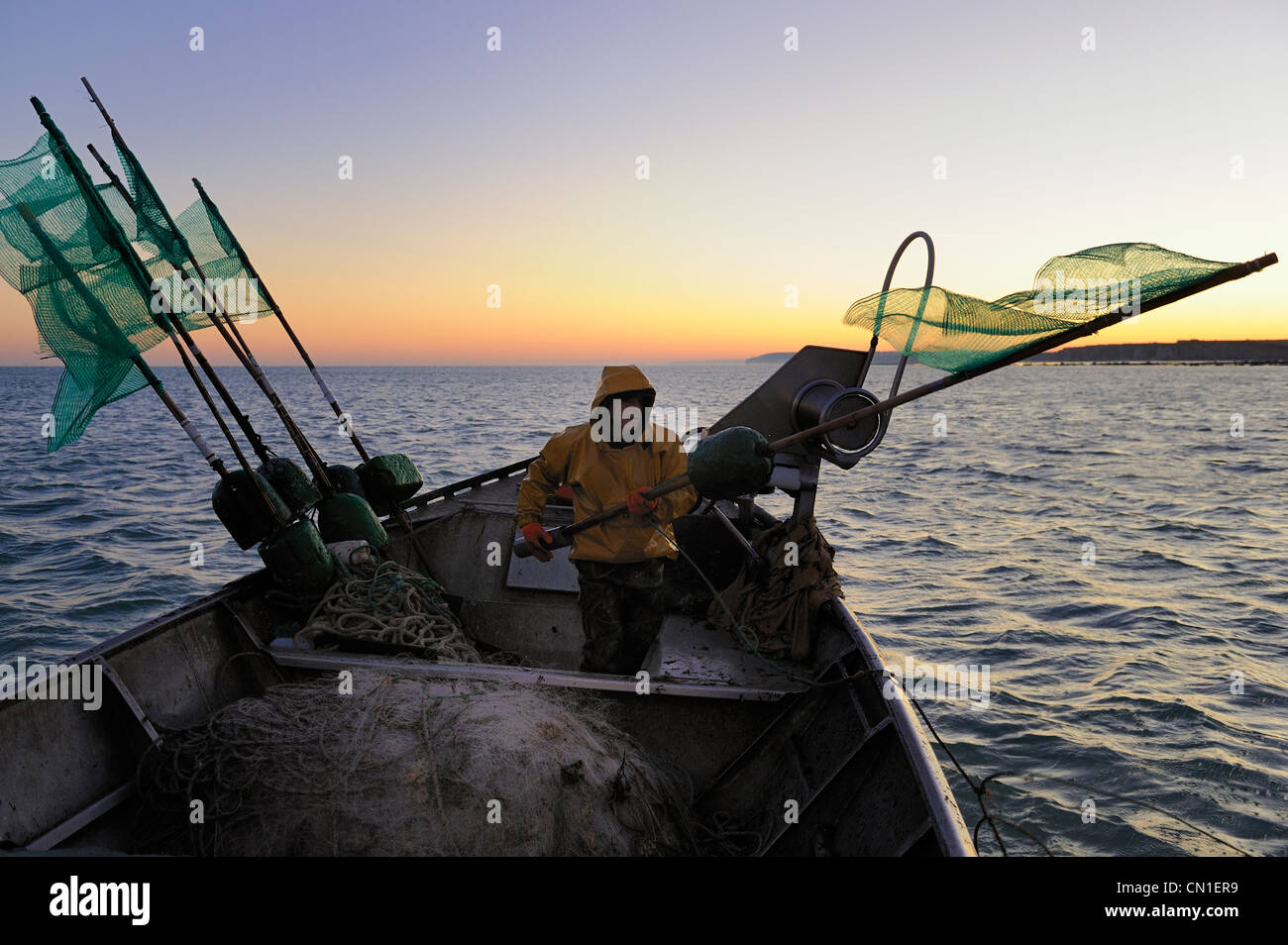 France, Seine Maritime, off the coast of Veules les Roses at dawn, net fishing on the boat La Pomme owned by Anthony Paumier Stock Photo