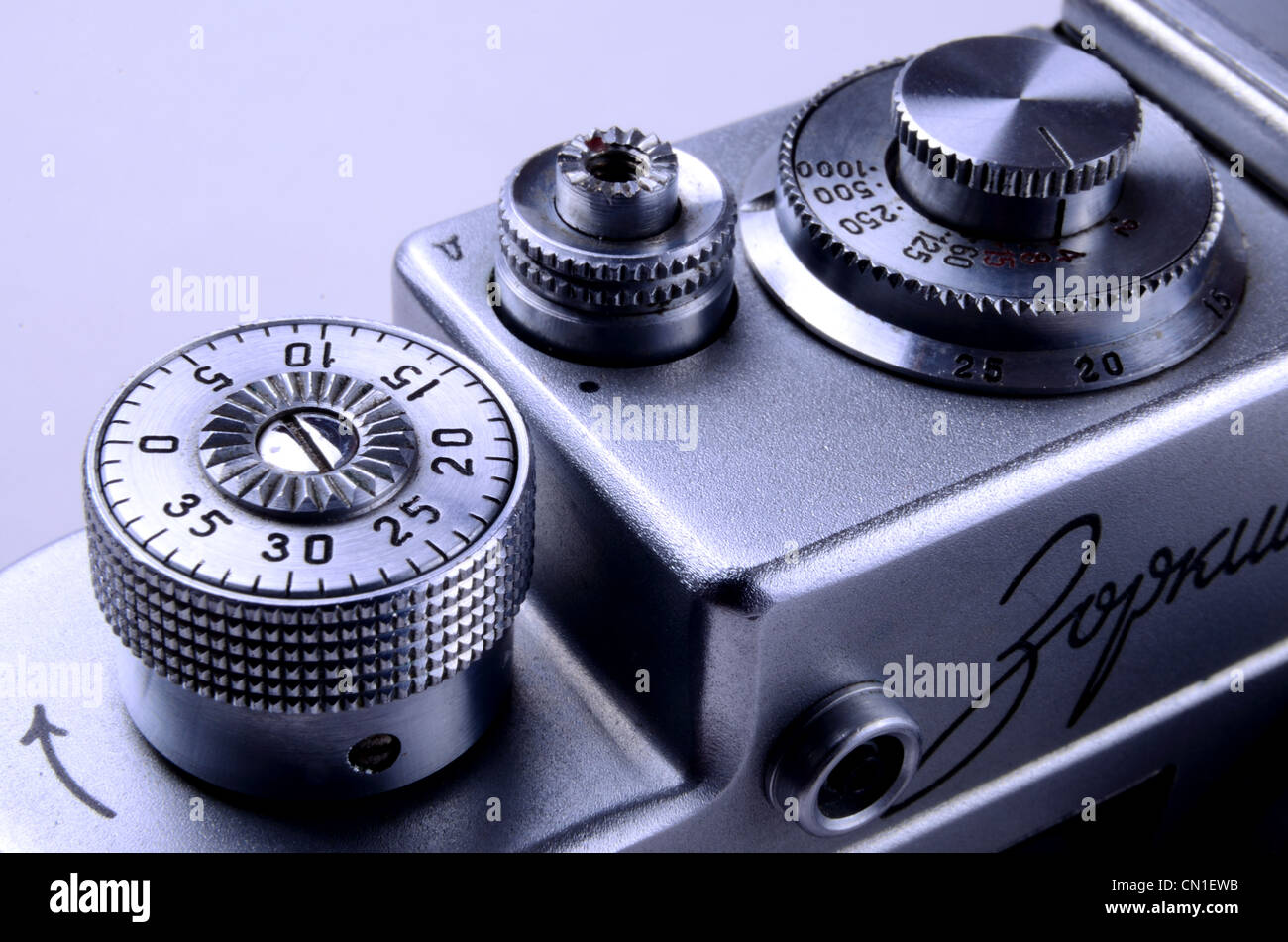 Close up of winder and shutter button on a 1963 Zorki 4, a Russian copy of a Lieca Rangefinder Stock Photo