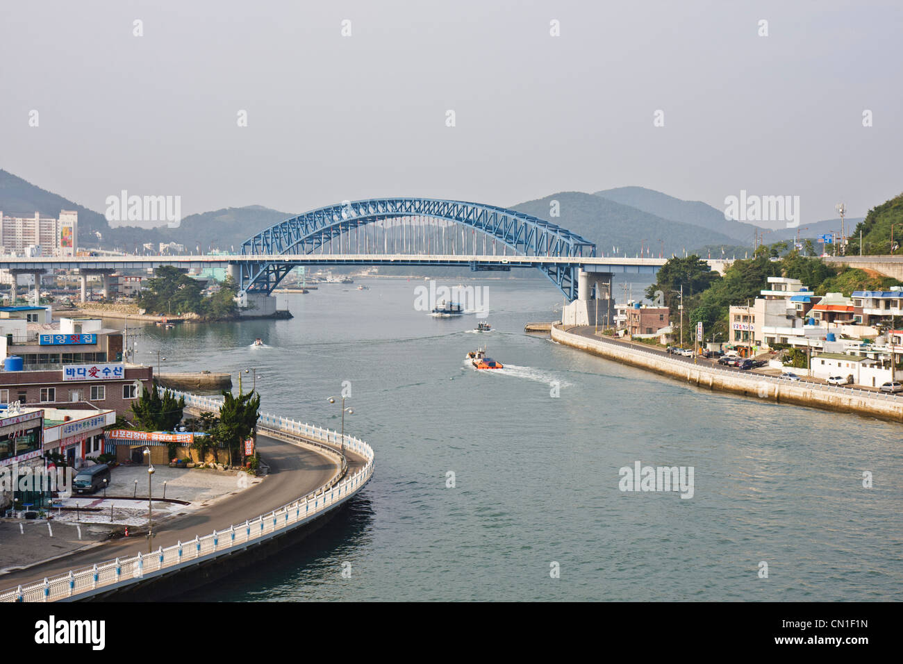 Tongyeong Canal and Grand Bridge, South Korea Stock Photo