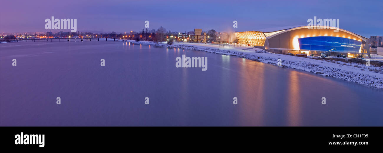 Richmond Olympic Oval at sunset looking eastward over the N. Branch of The Fraser River, Richmond, BC Stock Photo