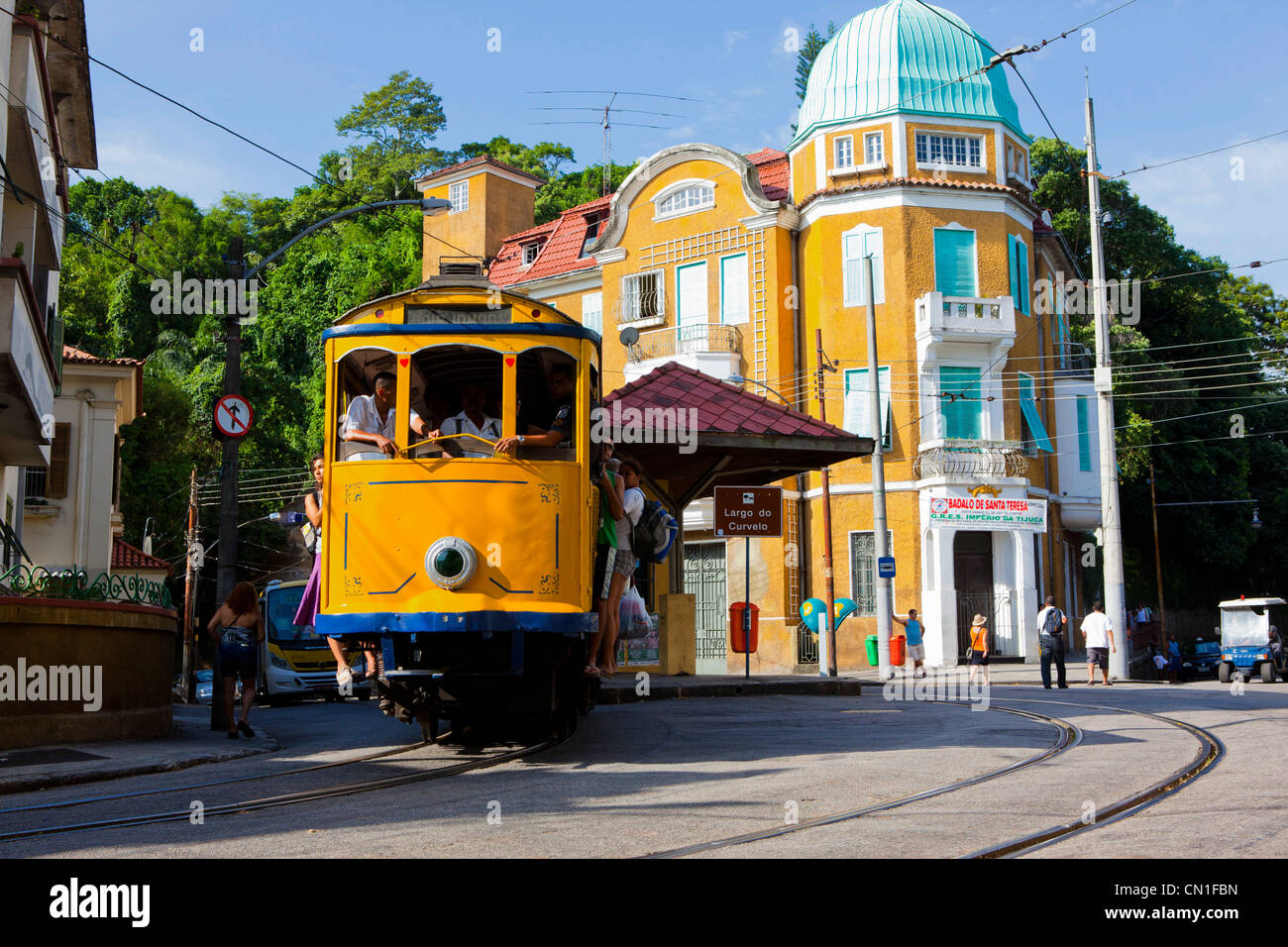 Santa Teresa tramway at Largo do Curvelo, Rio de Janeiro, Brazil. Stock Photo