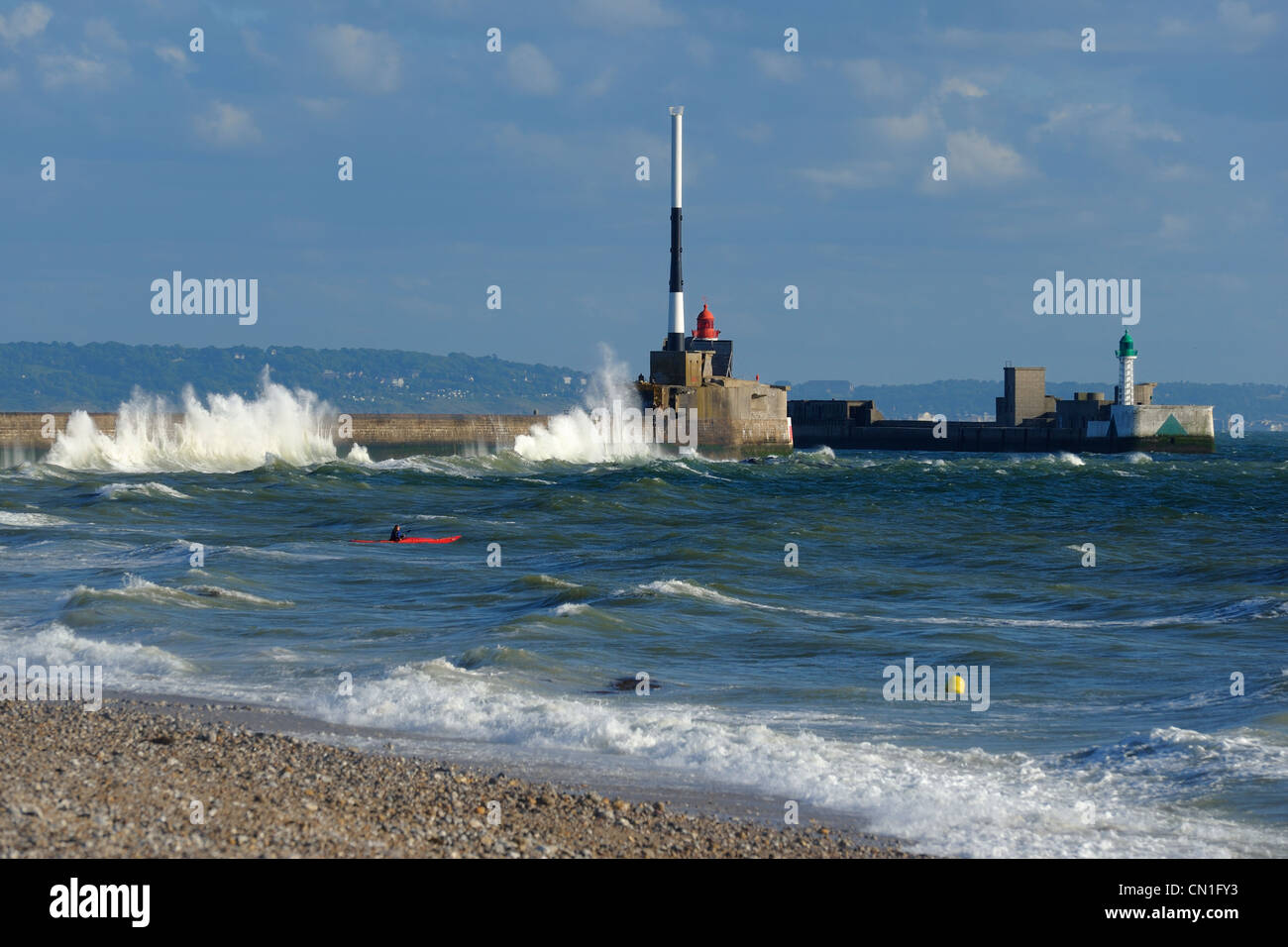 France, Seine Maritime, Le Havre, kayak in front the harbor entrance Stock Photo