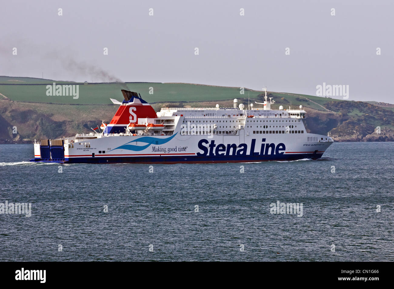 New Stena line car and passenger RoRo ferry Stena Superfast VIII has just left the new port at Cairnryan and heading to Belfast. Stock Photo
