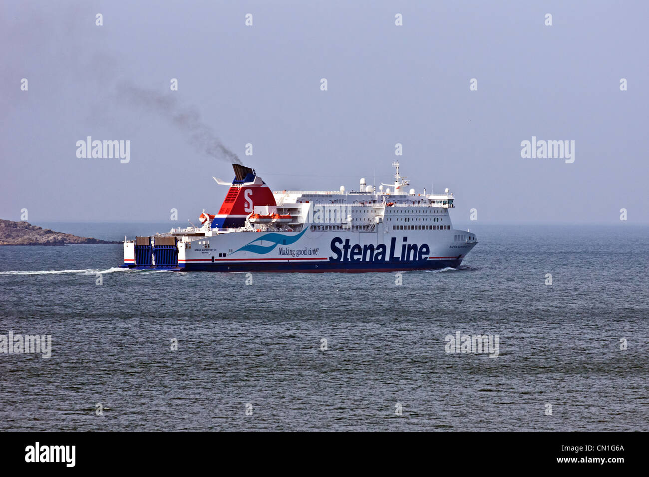 New Stena line car and passenger RoRo ferry Stena Superfast VIII has just left the new port at Cairnryan and heading to Belfast. Stock Photo