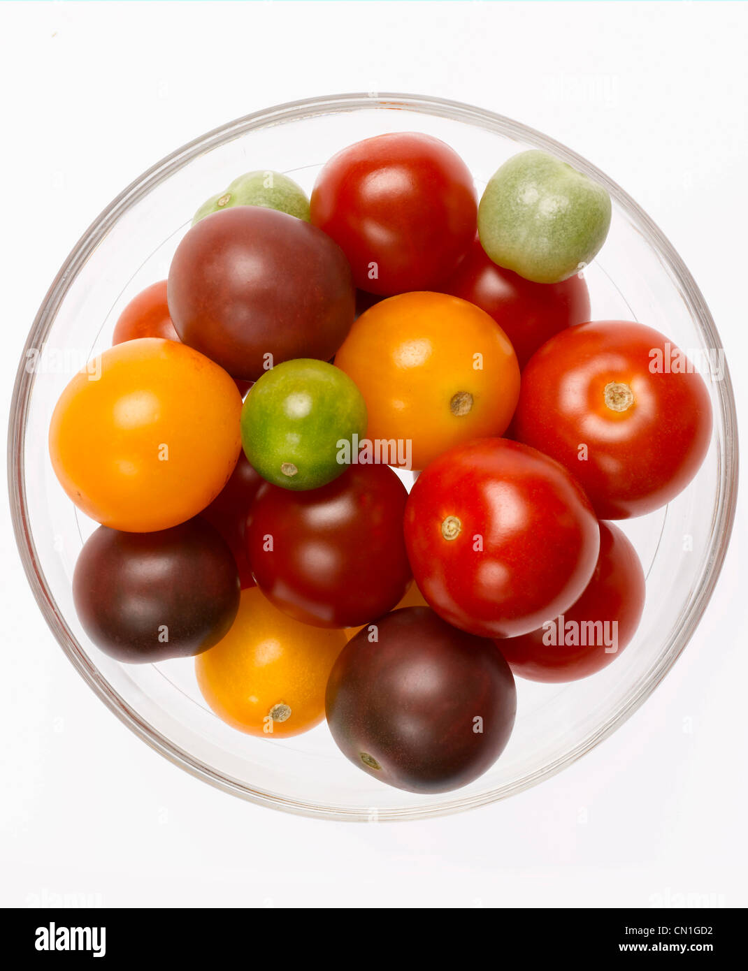 Bowl of Heirloom Cherry Tomatoes from Above Stock Photo