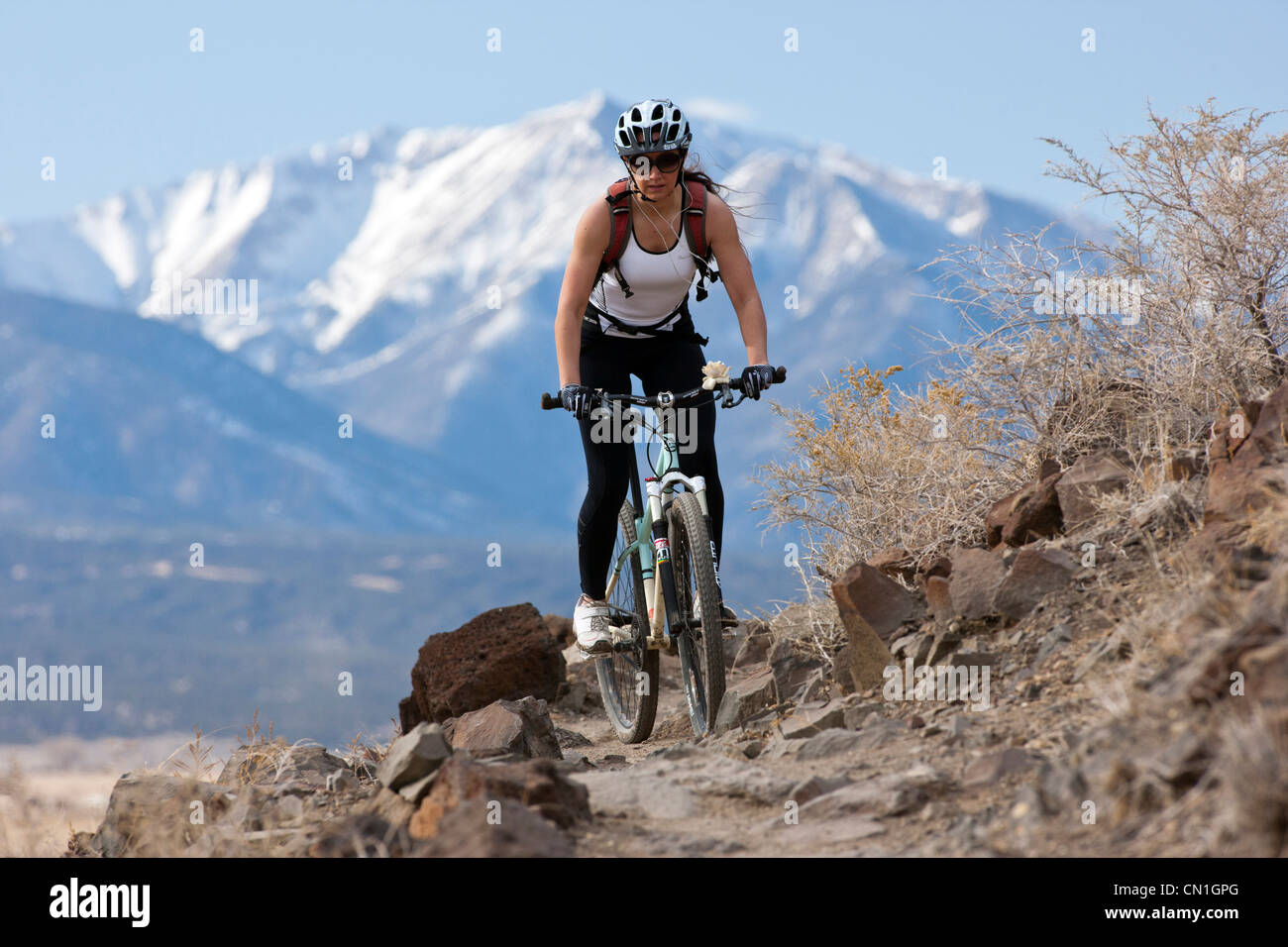 Young woman mountain biking on S Mountain, Salida, Colorado, USA. Mt