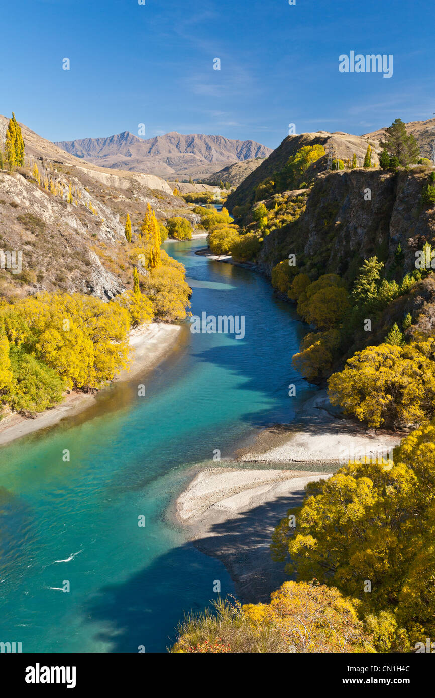 The Kawarau River flows from Lake Wakatipu through the gorge to Cromwell and Lake Dunstan in Otago, New Zealand. Stock Photo