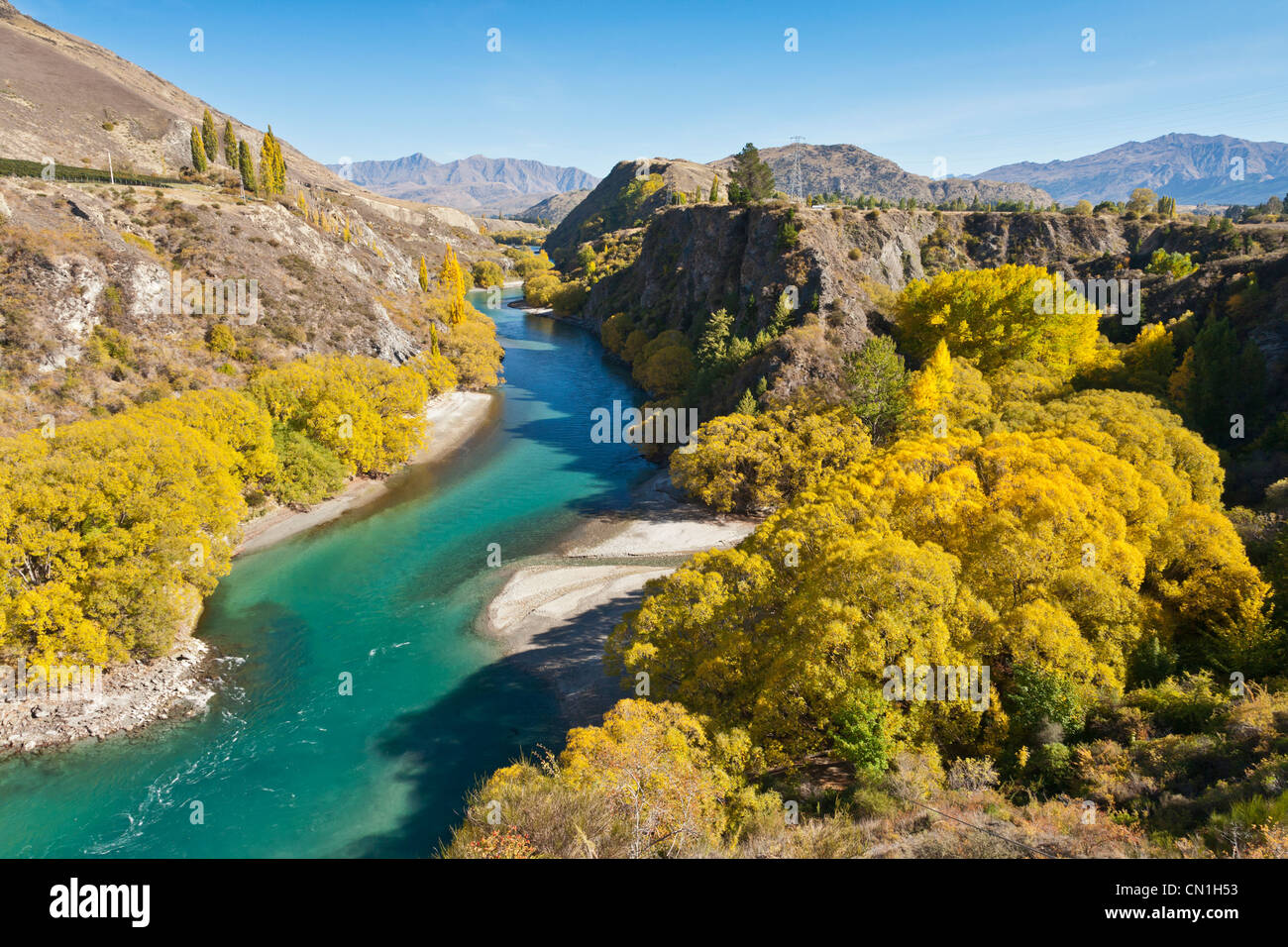 The Kawarau River flows from Lake Wakatipu through the gorge to Cromwell and Lake Dunstan in Otago, New Zealand. Stock Photo