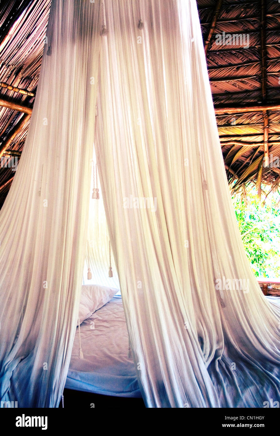 Bedroom at Rancho Corozal, on Guatemala's Rio Tatin Stock Photo