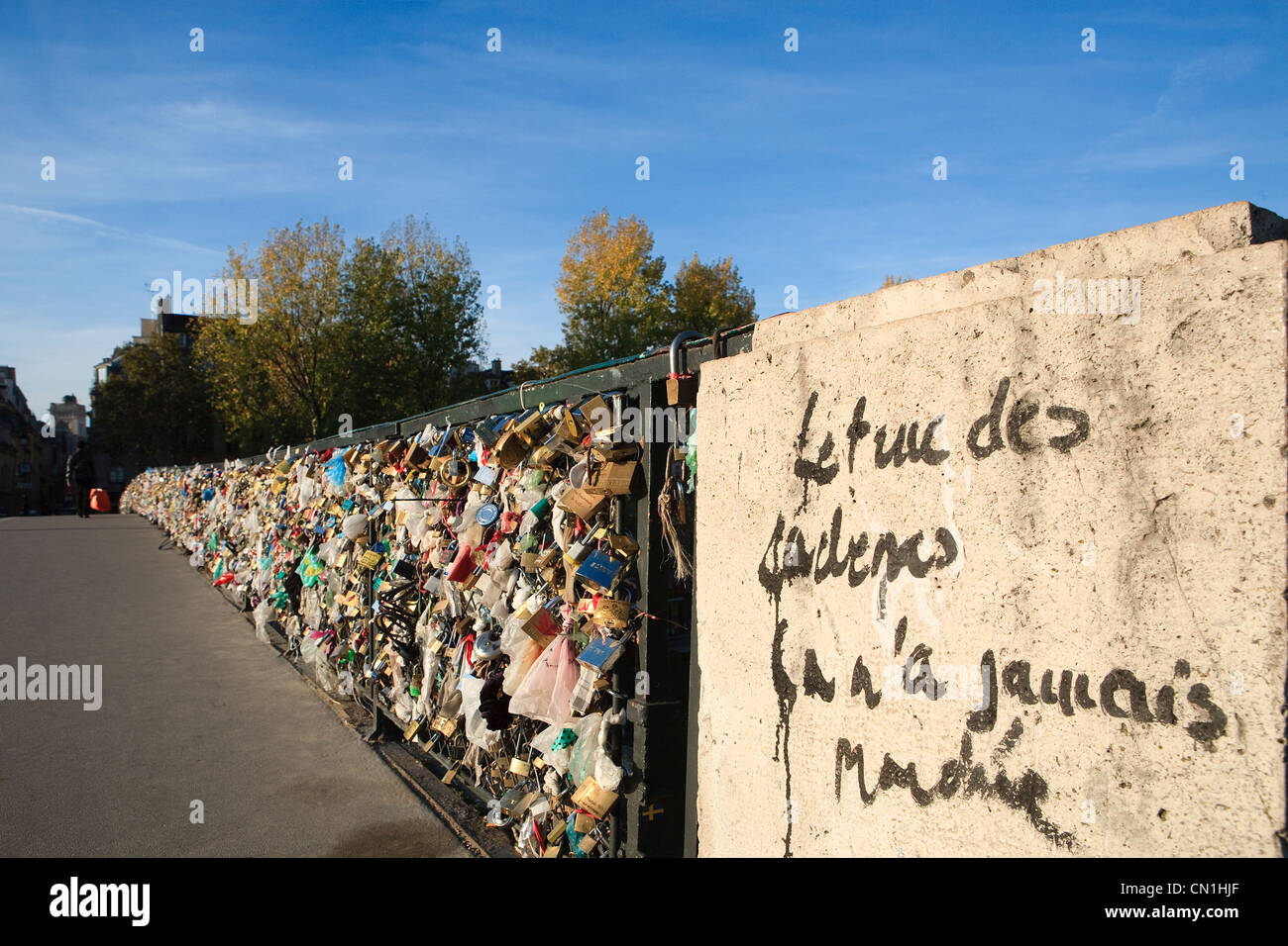 France, Paris, padlocks left by lovers on the railing of the Pont de l'Archeveche Stock Photo