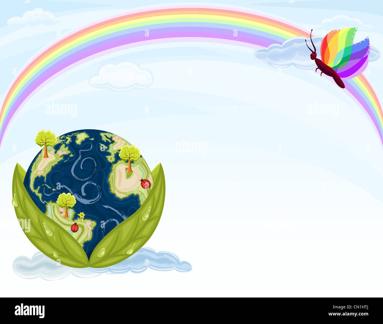 Green Earth - preserving our beautiful Nature. Planet Earth inside green leaves with blue sky and rainbow. Stock Photo