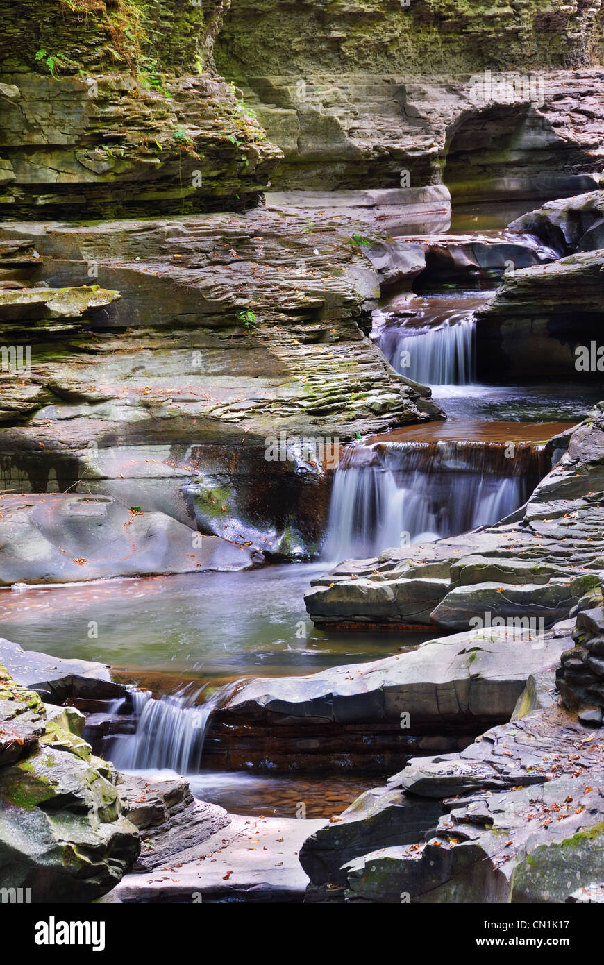 Waterfall in woods with rocks and stream in Watkins Glen state park in New York State Stock Photo