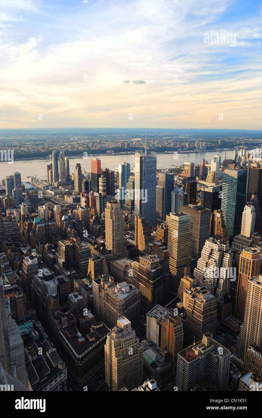 New York City Manhattan sunset skyline aerial view with office building ...