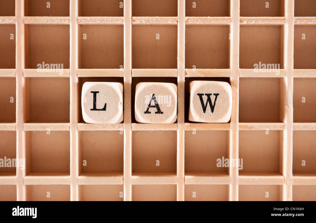 Law word construction with letter blocks / cubes and a shallow depth of
