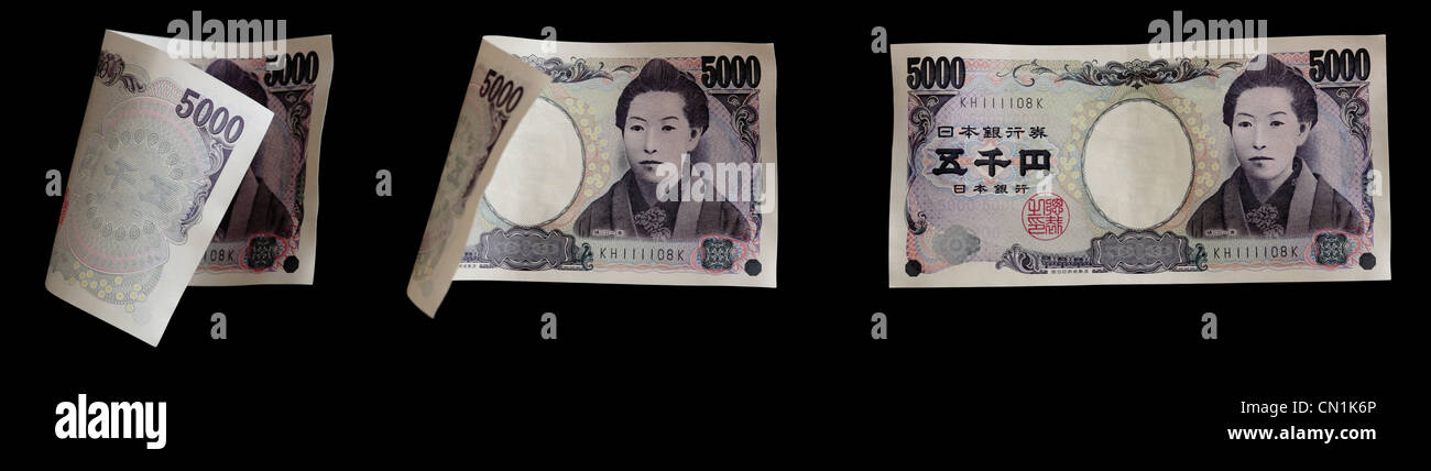 Sequence of the front of Japanese 5,000 yen notes. Stock Photo