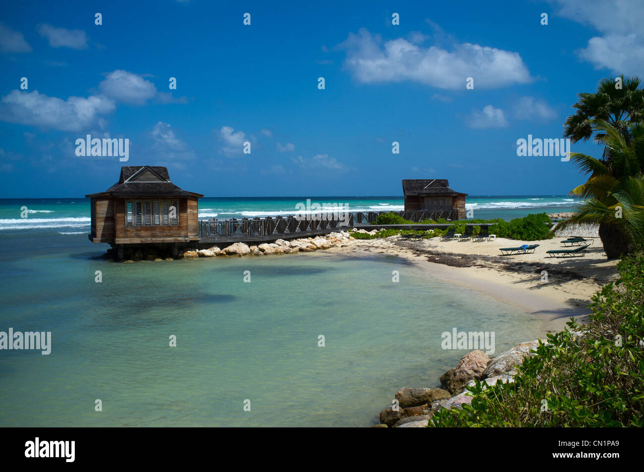 Beach and sea view from a chalet in the luxury holiday resort of the Half Moon Hotel in Montego Bay, Jamaica Stock Photo