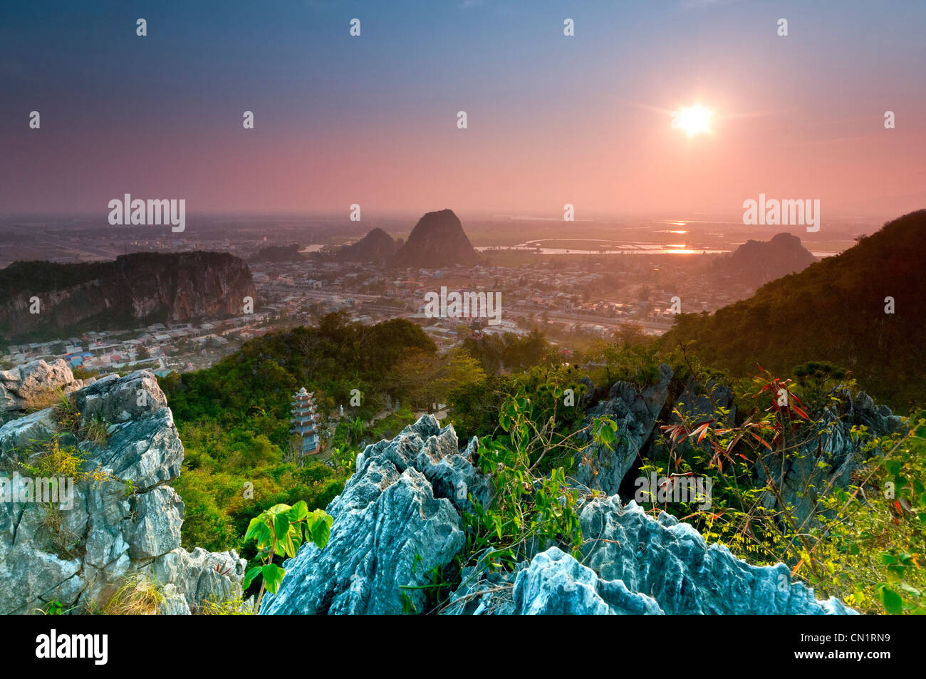 Sunset Looking down from summit. Thuy Son, Marble mountain (Ngu Hanh Son), Vietnam Stock Photo