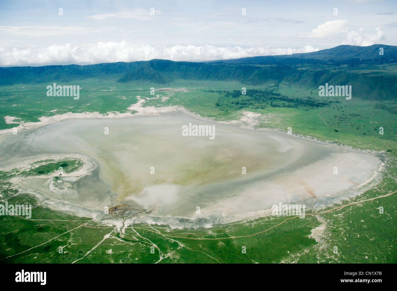 Ngorongoro crater with Lake Magadi in rainy season, aerial view, Arusha region, Tanzania Stock Photo