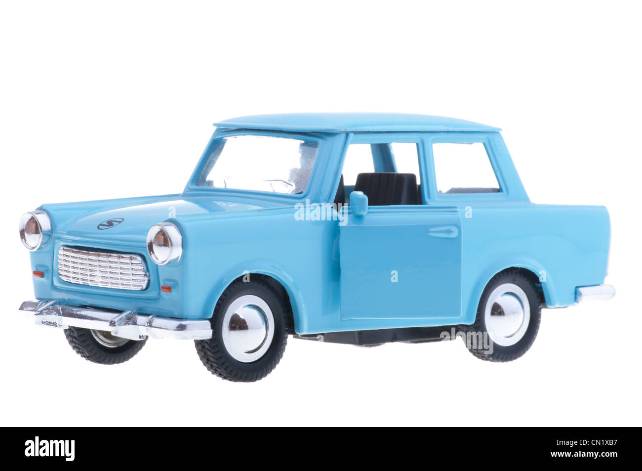 Old car trabant with open doors on white background. Stock Photo