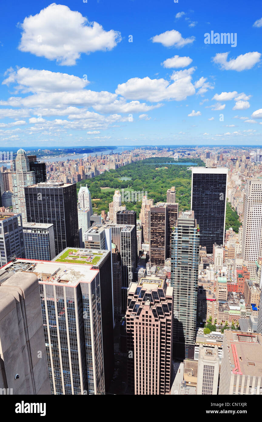 New York City Manhattan midtown aerial panorama view with skyscrapers and central park in the day. Stock Photo