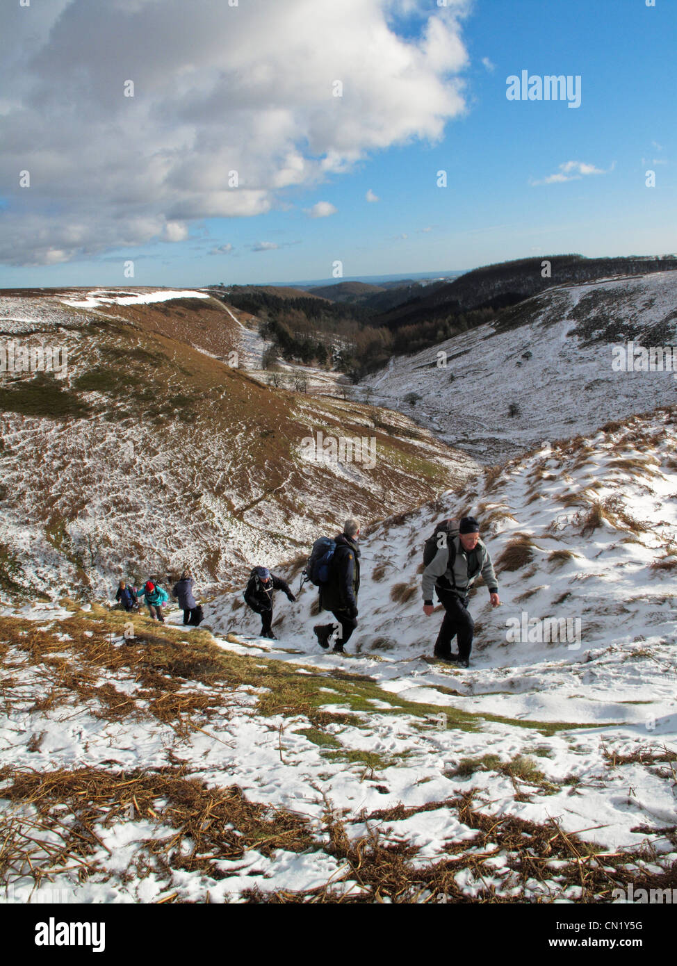Waking group climbing in snow out of Thorodale in the North Yorks Moors National Park Stock Photo