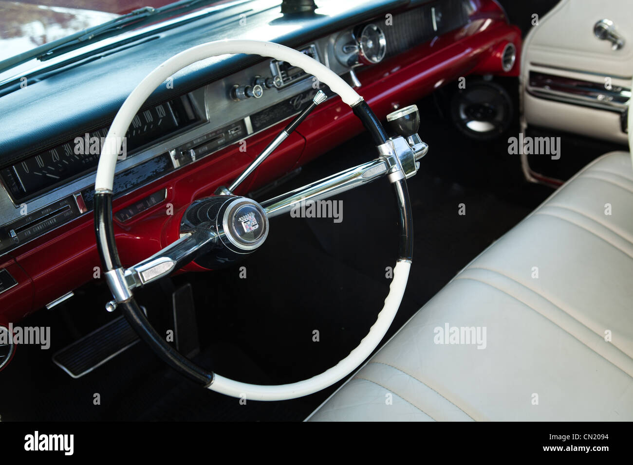 Interior Of A Classic Red Cadillac In La Stock Photo
