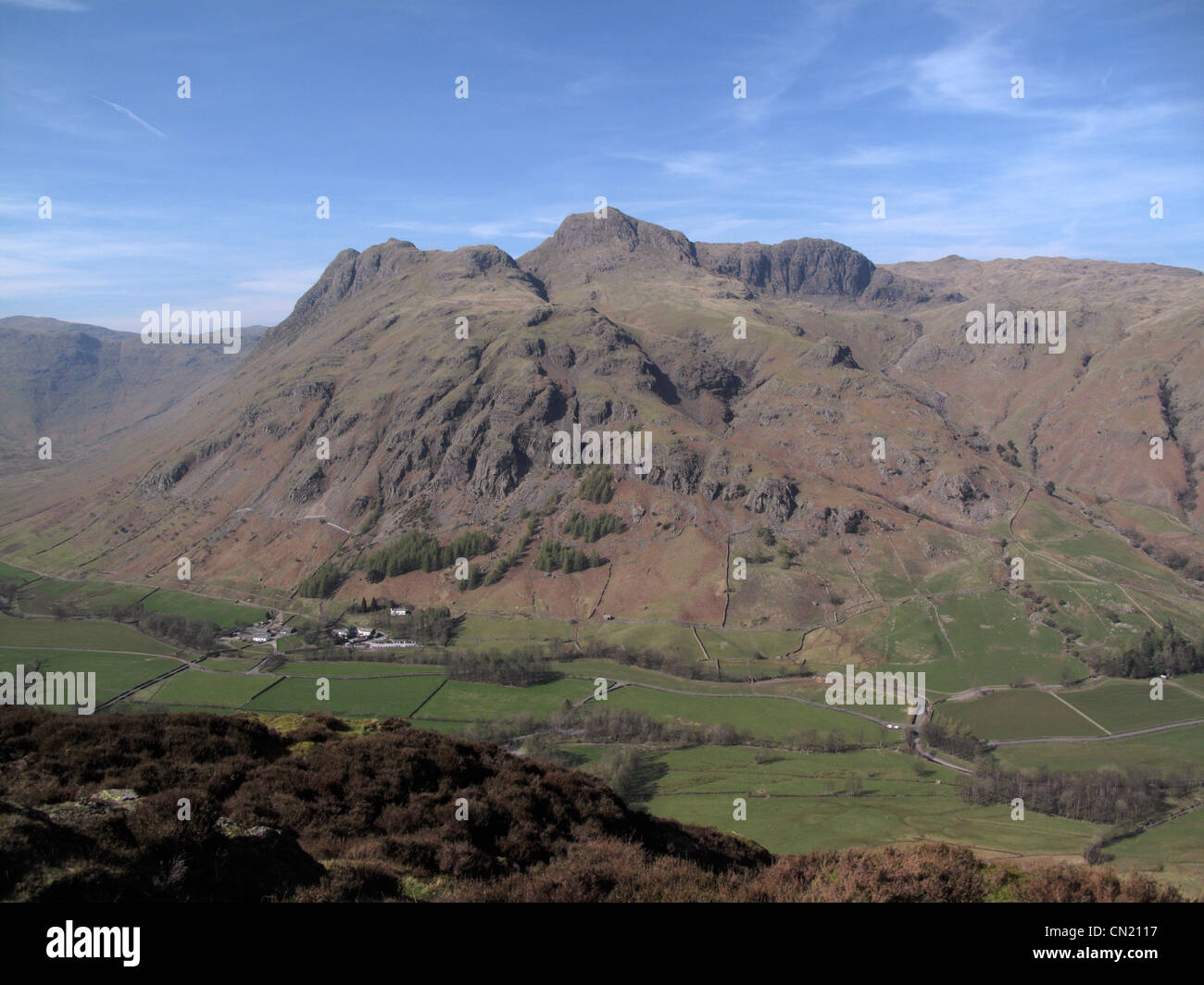 Langdale Pikes from Side Pike with the Greater Langdale Valley Below Stock Photo