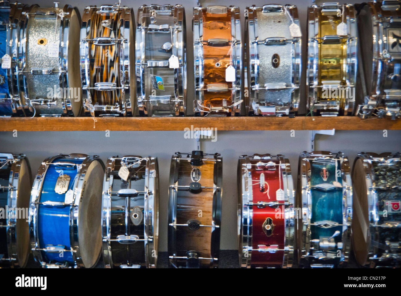 Many Colored Snare Drums on Shelves Stock Photo Alamy