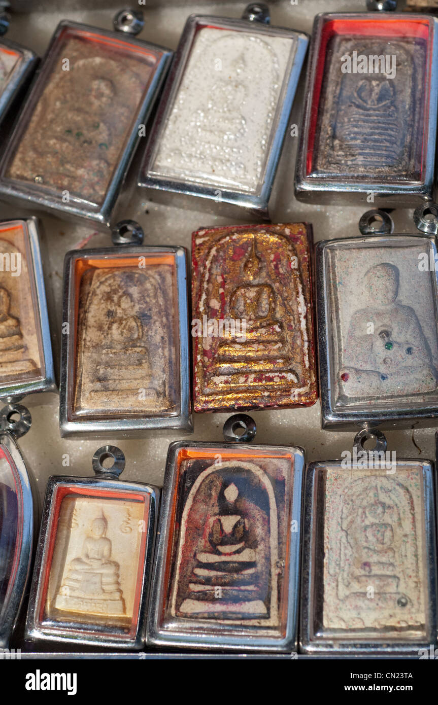 Thailand, Bangkok Amulet Market. Local religious amulets, charms