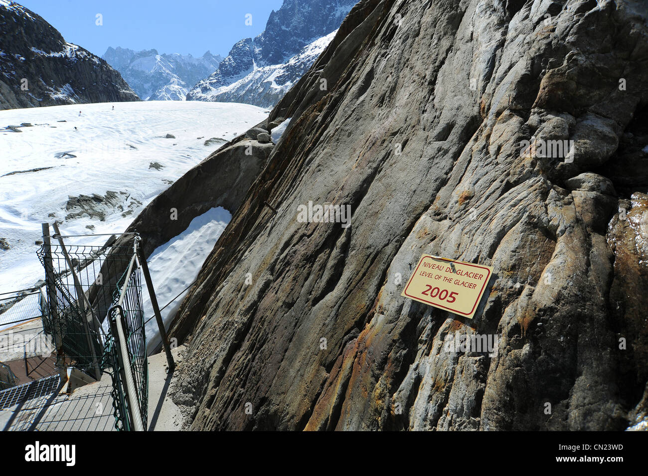 A plaque marks the level where the Mer de Glace in Chamonix glacier was in  2005 Stock Photo - Alamy