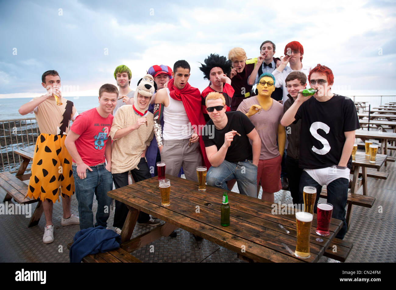 a goup of young men on a pub crawl celebrating a birthday party, Aberystwyth Wales UK Stock Photo