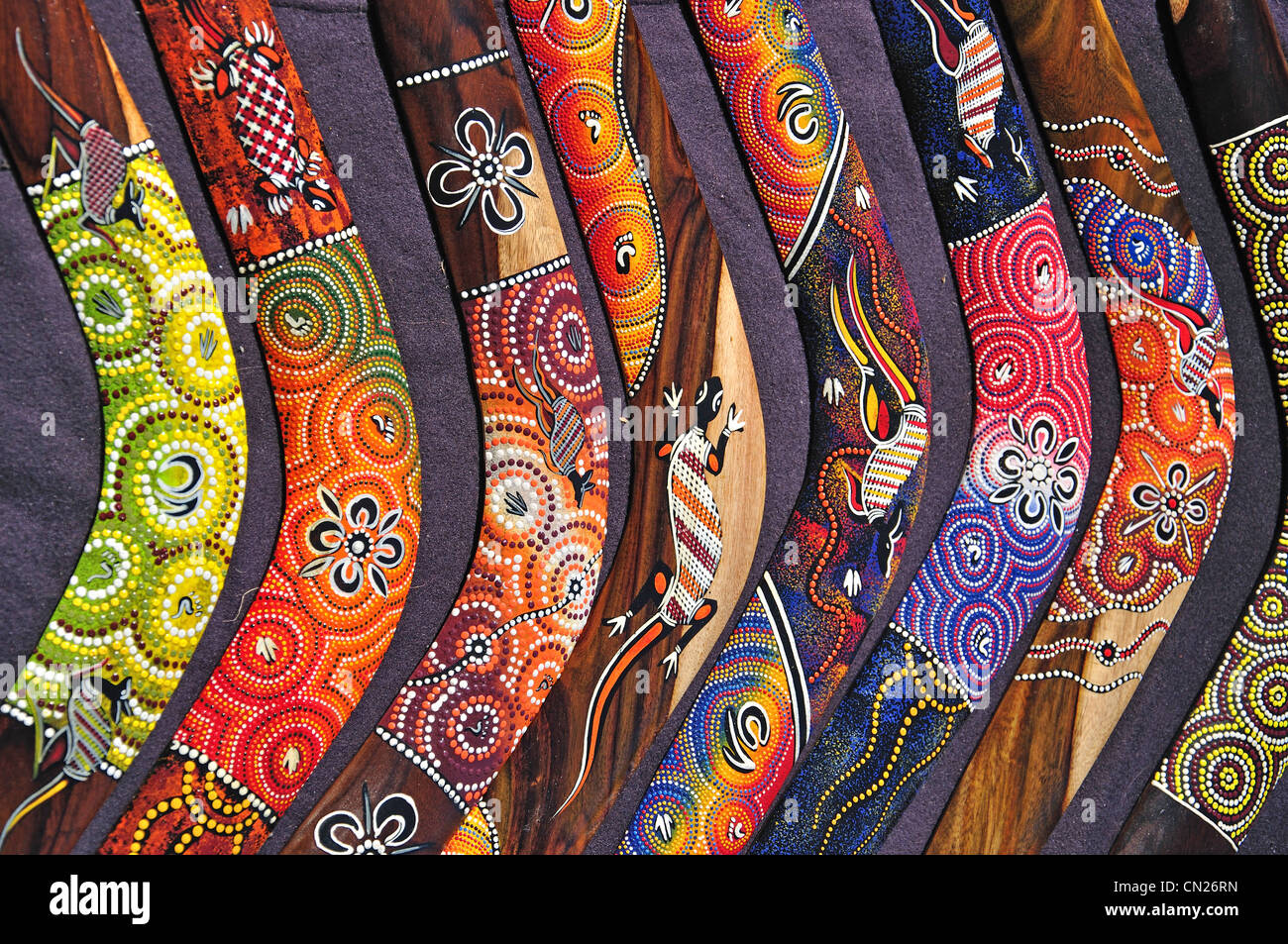 Colourful boomerangs in souvenir store, Central Business District, Sydney, New South Wales, Australia Stock Photo