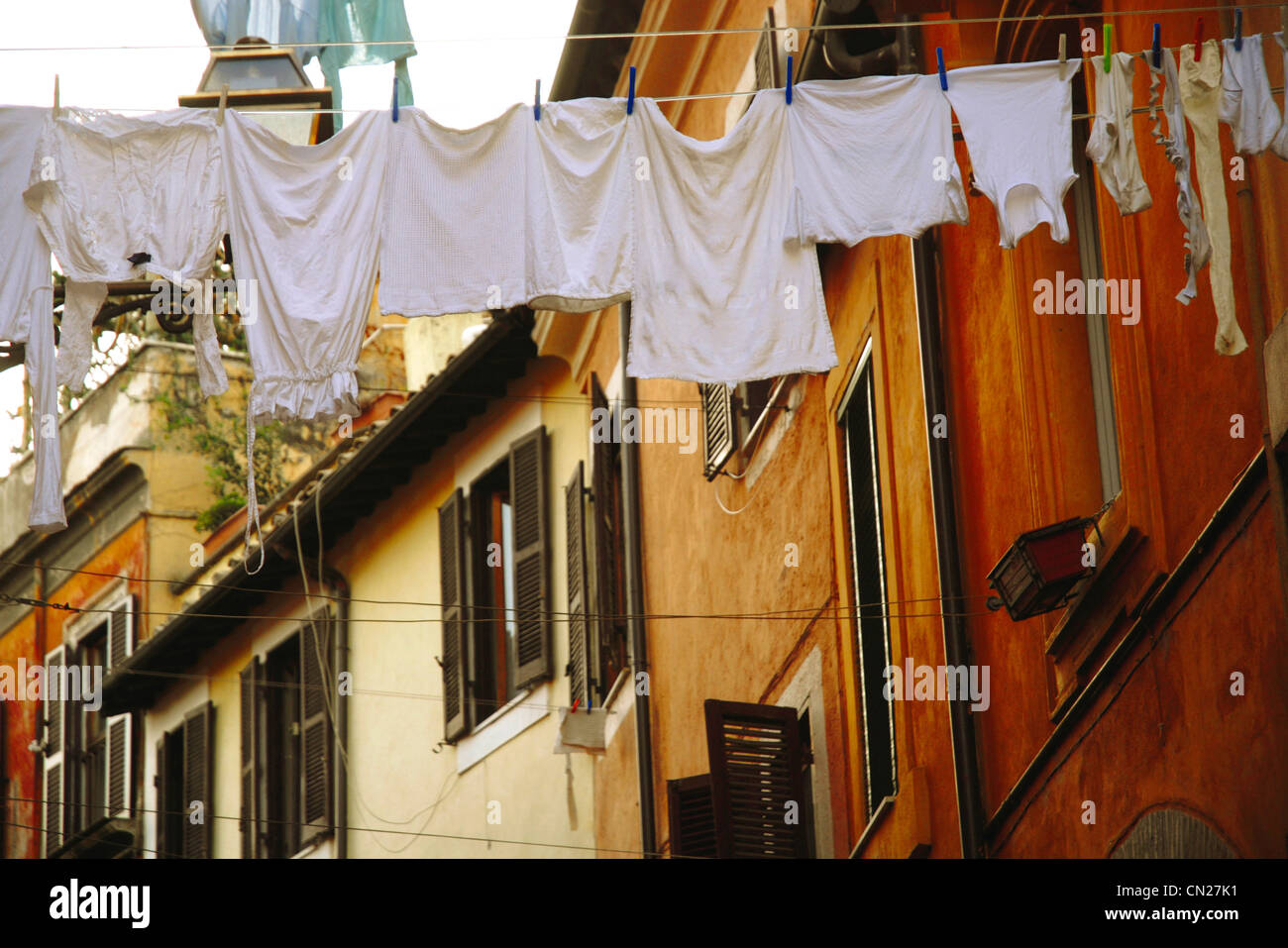 Laundry hanging on clothes line, Rome, Italy Stock Photo Alamy