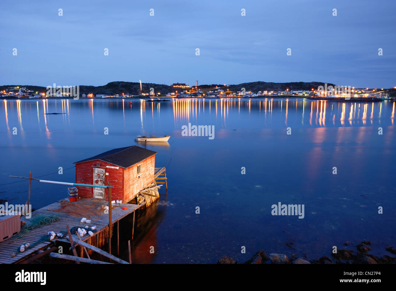 View of Village and Harbour at Twilight, Twillingate (North Island),   Newfoundland Stock Photo