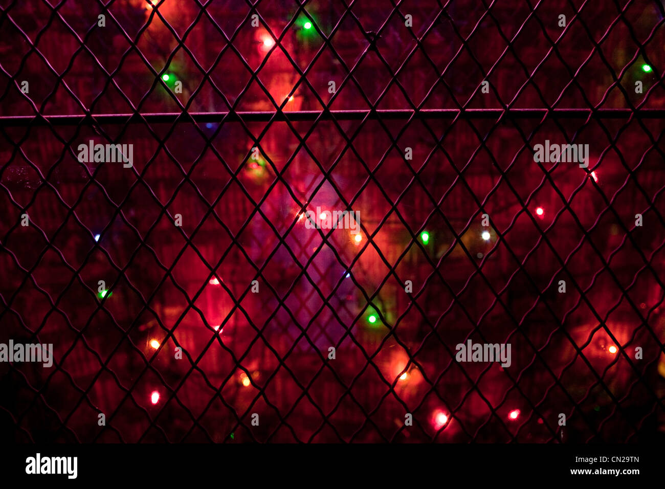 Christmas lights on wire fence Stock Photo