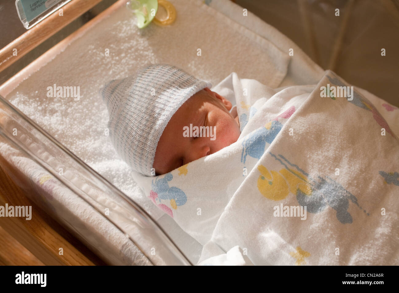 Newborn baby boy in hospital crib Stock Photo
