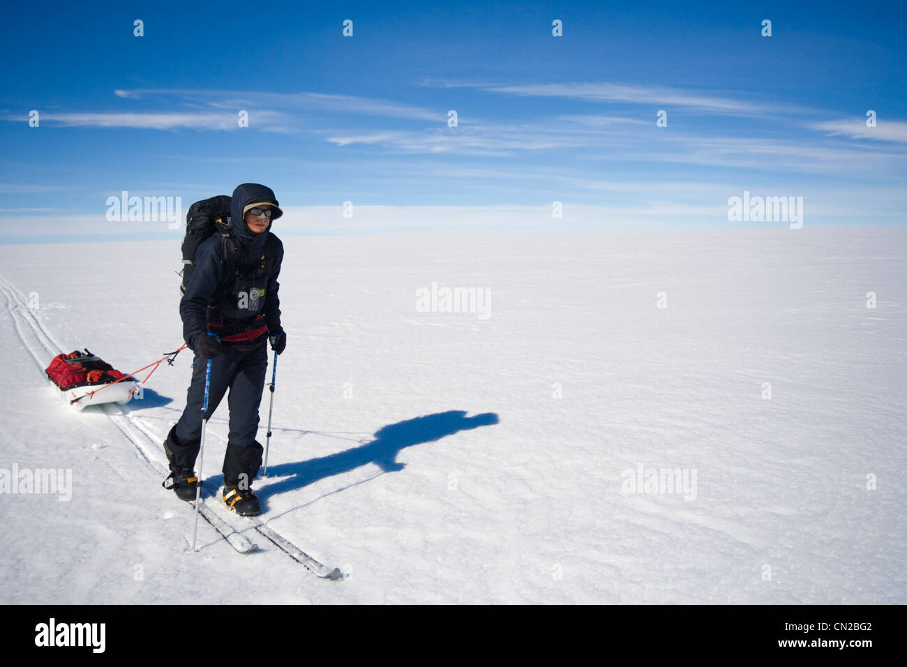 Polar expedition explorer hauling sledge, Greenland - MR Stock Photo